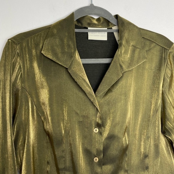VINTAGE Liz Claiborne metallic sheen green bronze buttons down blouse - Picture 2 of 7